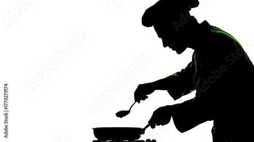 Black silhouette vector illustration of a man cooking putting something into the pan with spoon on white background