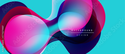 Abstract fluid shapes overlap, creating vibrant color gradients. Turquoise background complements magenta, purple, cyan hues. Modern design element.