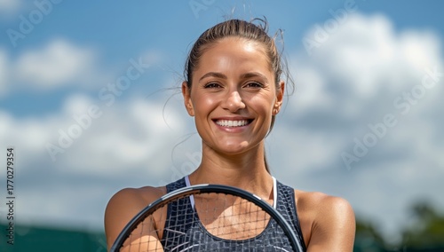 Smiling Tennis Player Poses With Racket in Bright Outdoor Court on a Sunny Day