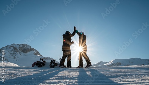 Friends Celebrate After Snowboarding on a Sunny Winter Day in the Mountains
