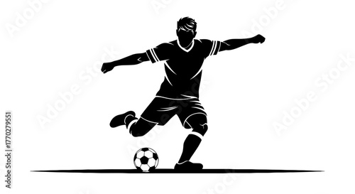 Dynamic Soccer Player Kicking Football with Power and Precision on Field for Sports Achievement and Competitive Edge, Silhouette Illustration for Marketing and Sport Events, Team Spirit, Black and Whi
