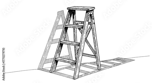 Wooden Step Ladder Standing Against Wall Illustrating DIY Renovation Project with Shadow and Vintage Style, Depicting Domestic Tasks and Interior Design with Detailed Line Art for Home Improvement, Ma