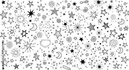 Hand-Drawn Stars and Celestial Elements Floating on a White Background, Creating a Whimsical Night Sky Pattern for Graphic Design Projects, Website Backdrops, Children's Illustrations, and Cosmic-Them
