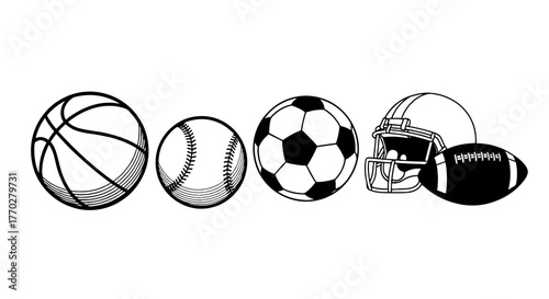 Dynamic Sports Equipment Lineup: Diverse Assortment of Black and White Balls and Helmet Ready for Action in a Stadium or Field, Embodying Team Spirit and Athletic Competition for Fitness Promotions, G
