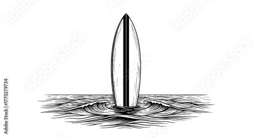 Solo Surfboard Stands Upright in Calm Ocean Waves - Minimalist Line Art for Beach Lifestyle Branding, Summer Vacation Vibes, Water Sports Marketing, Coastal Tourism, Adventure, Nature Exploration, Pre