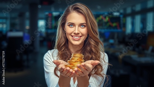 Smiling Woman Holding Coins in Hands While Standing in a Busy Financial Offic...