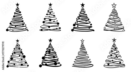 Stylized Christmas Trees Arranged in Festive Display for Holiday Season Graphics, Festive Decor, Modern Christmas Design, Black and White Illustrations for Winter Marketing and Greetings, Seasonal Orn