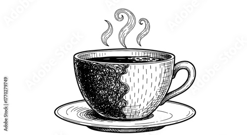 Detailed Sketch of Steaming Hot Coffee Cup on Saucer Presenting Aromatic Brew, Perfect for Cafe Menu Design, Restaurant Marketing, Relaxing Morning Drink Illustration, Artistic Presentation, Advertisi