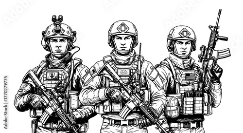 Line Art of Three Armed Soldiers Standing Guard in Formation, Military Personnel Ready for Action in War Zone, Representing Defense, Security, Strength, and Valor, Illustration Style for Graphic Desig