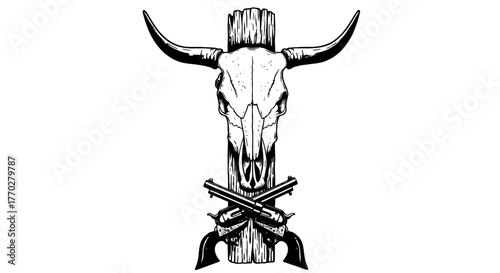 Western Bull Skull Graphic with Crossed Pistols on Wood Post Illustration, Representing Frontier Heritage and American West Culture, Ideal for Tattoo Art,  Vintage Design Elements, Retro Style, Decora