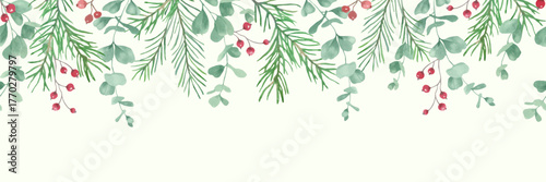 Hand-painted watercolor Christmas seamless border with pine branches, eucalypt leaves, red berries. Vector EPS.