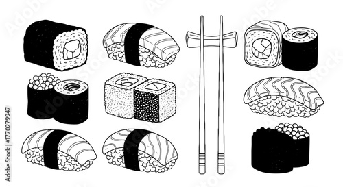 Delicious Sushi Assortment Ready to Eat with Chopsticks, Japanese Cuisine Variety for a Healthy Lifestyle Meal in a Restaurant, Traditional Asian Food Preparation for Food Presentation and Gastronomy