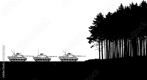 Military Tanks Advancing Through Forest: Armored Vehicles on Patrol Near Dense Woodlands, Conceptual for Defense, Security, Strategy, Warfare in Monochrome Detailed Vector Illustration (199/200)