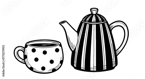 Illustrated Tea Party Still Life: Whimsical Teapot and Polka Dot Mug in Black and White - Vintage Style Tea Time for Cafe Menu, Restaurant Promotion, Invitation Design, or Creative Culinary Presentati