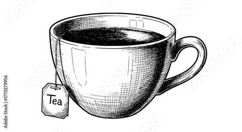 Steaming Cup of Tea with Tea Bag Brewed in a Vintage Style Mug Relaxing on a Table, Perfect for Morning Beverages, Warm Drinks, Cafes, Restaurant Menus, Business Presentations, Website Graphics, and L