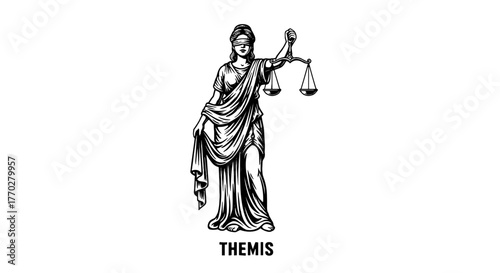 Themis Statue Holding Scales of Justice in Monochrome Illustration Against White Background, Depicting Law and Order in Legal Settings, Ideal for Education, Marketing, and Presentations, Featuring Int