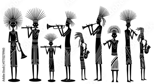 Silhouetted African Tribal Musicians Performing in Concert: Traditional Ensemble Playing Instruments on Stage, Cultural Event, Celebrating Heritage, Modern Ethnic Art for Music Production, Marketing A