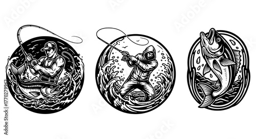 Sport Fishing Adventures: Fisherman Battling Fish in Wild Waters & Catch Illustration - Angler in Action, Outdoor Recreation, Sporting Challenge for Enthusiasts, Marine Wildlife Design, Water Sports,