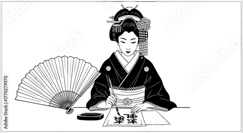 Elegant Japanese Geisha Practicing Calligraphy with Brush and Ink in Traditional Setting, Creating Art for Cultural Presentation or Educational Material, Black and White Illustration of a Woman, Creat