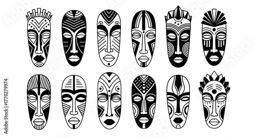 Stylized African Tribal Masks Depicting Cultural Heritage and Ancestry in Decorative Graphics for Creative Projects, Arts and Crafts, and Ornamental Design on a White Backdrop, Perfect for Cultural Pr