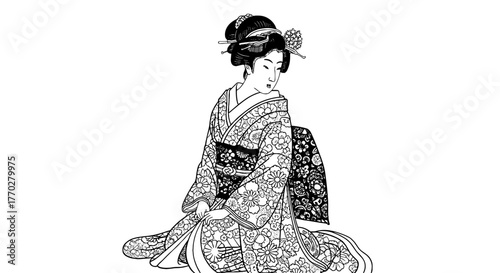 Elegantly Dressed Geisha Poses, Traditional Kimono Adorned with Floral Patterns Seated in Serene Contemplation, Japanese Culture, Historical Art for Design, Fashion, Events, & Fine Art Presentations,