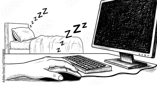 Falling Asleep at Computer Late at Night After Overwork: Exhausted Worker Napping at Desk in Home Office with Bed Nearby Illustrates Burnout, Sleep Deprivation, Technology Addiction, For Presentation,