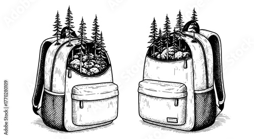 Backpacks Filled with Forest Scenery for Outdoor Adventures, Showcasing Travel and Exploration with Nature-Inspired Design in Detailed Black and White Illustration for Eco-Tourism and Environmentally