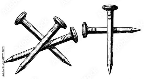 Detailed Illustration of Iron Nails Arranged in a Cross and Scattered Composition Depicting Carpentry, Construction and Craftsmanship for Industrial Projects and Home Improvement Designs with Hand-Dra