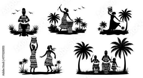 African Women Dancing and Drumming in Silhouette with Palm Trees at Cultural Celebrations, Expressing Heritage, Tradition and Community Spirit for Festive Events and Rituals, Graphic Illustration on W