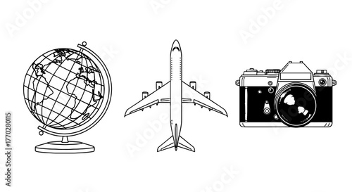 Travel Adventure Planning Icons: Globe, Airplane, Camera for Exploration and Photography Worldwide in Black and White Line Art, Illustrating Journeys, Tourism and Destination Marketing Material, Adven