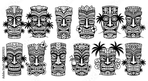 Collection of Hand-Drawn Tiki Masks Illustrations Featuring Polynesian and Hawaiian Tribal Designs on a White Background for Cultural Decor, Vintage Style Posters, Tattoo Designs, and Creative Vector