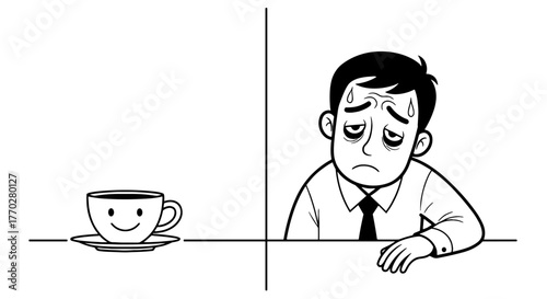 Exhausted Businessman Contemplates Happy Coffee Cup at Desk in Office Setting for Energy and Focus, Illustrating Burnout and Overwork in Corporate Culture, Black and White Graphic for Presentations an