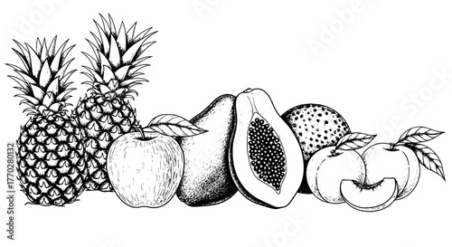 Exotic Fruit Still Life Illustration:  Two Pineapples, Apple, Pear, Papaya, Orange, Peaches Hand-Drawn in Black and White for Nutrition, Agriculture, Food Industry, Market Presentation, Culinary Arts,