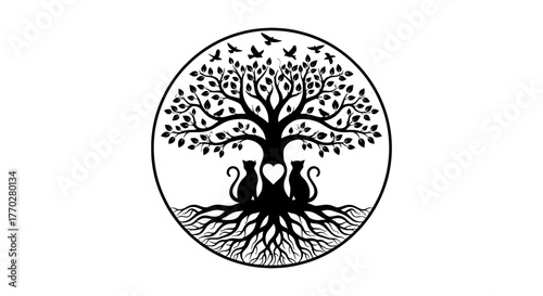 Elegant Tree of Life Silhouette with Cats and Birds in Circle Design: Symbol of Family Love and Interconnectedness for Wall Art, Decor, Logos, and Spiritual Concepts, Perfect for Nature Enthusiasts, M