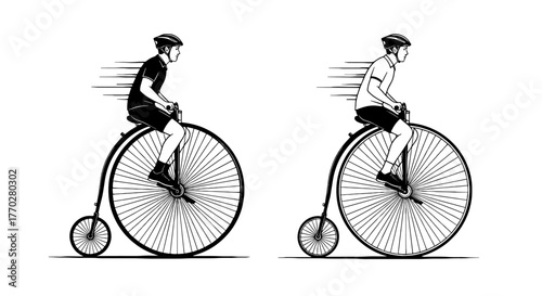Vintage Penny-Farthing Cyclists Racing Silhouette: Classic Bicycle Enthusiasts in Retro Apparel Speeding Along a Road, Evoking Nostalgia and Victorian Era Charm for Transportation, Historical Illustra