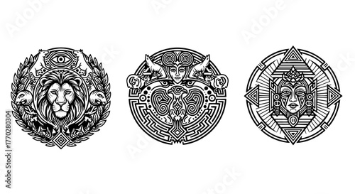 Three Circular Medallions Displaying Intricate Engravings of Mythological Creatures, Beasts and Faces with Abstract Geometric Designs, Ancient Symbols, and Esoteric Motifs for Spirituality, Meditation