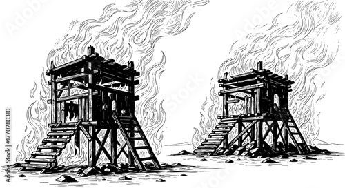 Burning Pyre Towers: Medieval Structures Engulfed in Flames Illustration Depicting Destruction, Loss and Punishment in a Historical Setting for Fantasy, Horror, and Storytelling Projects (Sketch, Dark