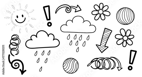 Hand-Drawn Weather Icons & Graphic Elements: A Cheerful Collection for Creative Projects, Explaining Natural Phenomena and Design. Featuring Sun, Clouds, Rain Drops, Arrows, Flowers, and Exclamation M