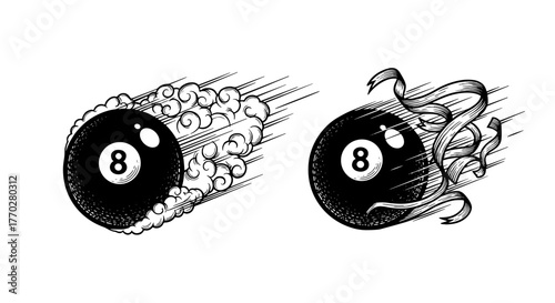 Flying Eight Ball Streak of Motion with Clouds and Ribbons Engraving Style for Game Room Decor and Retro Design Projects, an Illustration of Speed, Precision, Luck in Billiards, Pool, Games, a Black a