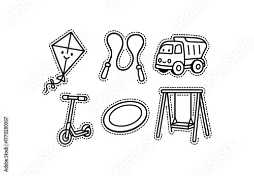 cute outdoor toys set with bold black outline and dotted border including kite jump rope toy truck scooter frisbee and swing simple details black and white minimal style isolated on white