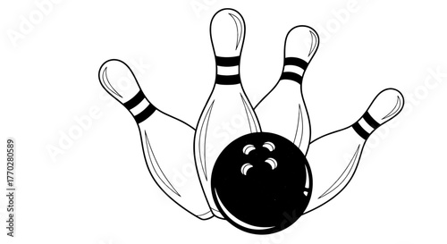 Bowling Strike Illustration with Pins and Ball Achieving a Perfect Hit in a Sporting Game Environment for Leisure, Recreation and Competitive Play, Black and White Graphic for Presentation, Marketing,