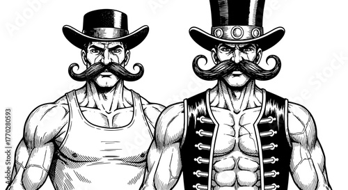 Vintage Strongmen Posing Confidently, Sporting Classic Moustaches and Hats, Representing Old-Fashioned Masculinity for Historical Reenactments, Graphic Design, and Retro Marketing Campaigns, Black and