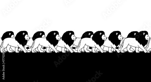 Majestic Lions Walking in a Row: Pride of Lions in Formation on Grassy Plain for Wildlife Conservation and African Safari Adventure Illustrations and Corporate Teamwork Concepts, Black and White Carto
