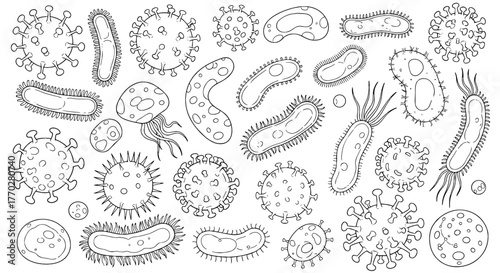 Intricate Vector Illustration of Various Microorganisms and Germs Spreading in a Microscopic Environment, Perfect for Scientific Research, Healthcare Education, or Medical Presentations on Virology an