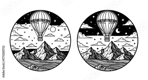 Hot Air Balloon Ascending Over Mountain Peaks at Night, Vector Illustration for Travel Adventures, Freedom & Exploration, Ideal for Posters, T-Shirts & Website Graphics. Explore Nature, Air Travel, Ni