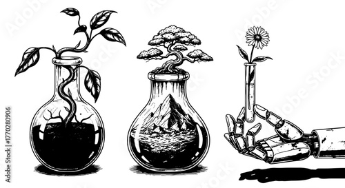 Conceptual Illustration of Nature and Technology: Botanical Life Science Experiment with Sprout, Bonsai Tree, and Daisy in Glassware, Robotic Hand Holding Flower – Innovation, Growth, Future, Modern,