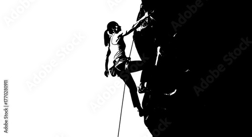 Determined Woman Rock Climbing on a Cliffside Adventure, Demonstrating Strength, Skill, and Perseverance in a Challenging Outdoor Environment for Fitness, Adventure, and Personal Growth, with a Dramat