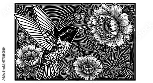 Hummingbird Sipping Nectar from Flowers in Botanical Garden Engraving: Black and White Floral Design for Nature Illustration, Wildlife Conservation, Vintage Art Prints, Detailed Line Work, Etching Sty