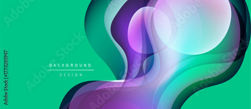 Abstract fluid shapes overlap, creating vibrant teal, purple, blue gradients. Modern design evokes movement, energy, sophistication.