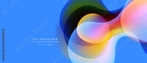 Abstract fluid shapes overlap, creating vibrant color gradients. Blue background enhances dynamic design elements. Modern, artistic composition.